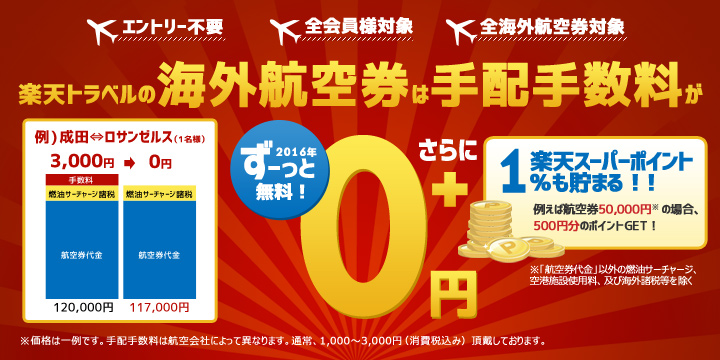 楽天トラベルの海外航空券は手配手数料がずーっと無料!