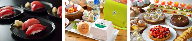 ビュッフェに並ぶ「本鮪 握り寿司二種 食べ比べ」「ほたる支配人の焼印が入ったハンバーガー」